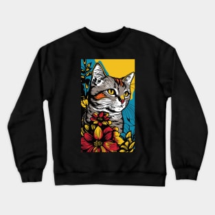 American Shorthair Cat Vibrant Tropical Flower Tall Retro Vintage Digital Pop Art Portrait Crewneck Sweatshirt